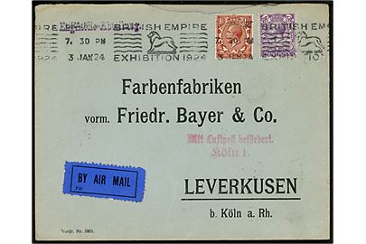 1½d og 3d George V på luftpostbrev fra Bradford d. 3.1.1924 via Köln d. 5.1.1924 til Leverkusen, Tyskland. Rødt luftpost stempel Mit Luftpost befördert Köln 1. 
