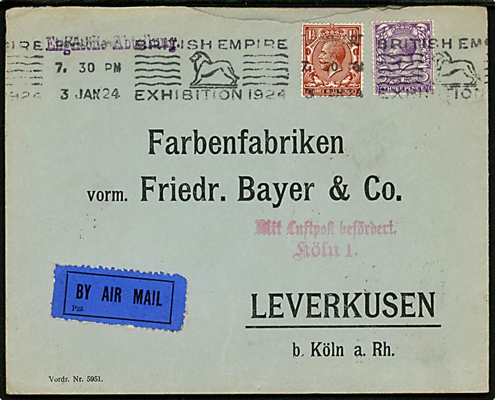 1½d og 3d George V på luftpostbrev fra Bradford d. 3.1.1924 via Köln d. 5.1.1924 til Leverkusen, Tyskland. Rødt luftpost stempel Mit Luftpost befördert Köln 1. 