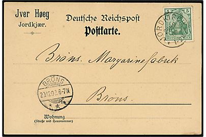 5 pfg. Germania på brevkort annulleret med enringsstempel Jordkirch ** d. 29.12.1902 til Bröns.