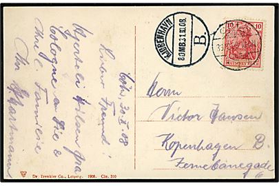 10 pfg. Germania på brevkort fra Cöln d. 30.10.1908 10-11 N  til København, Danmark. Ank.stemplet brotype Vi d. 31.10.1908 8. OMB. - Tænk at posten havde 8 ombæringer om dagen i 1908.