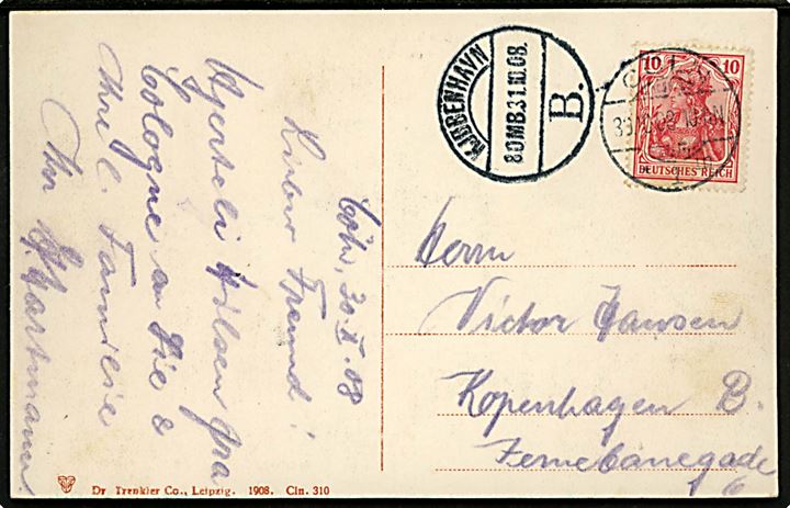 10 pfg. Germania på brevkort fra Cöln d. 30.10.1908 10-11 N  til København, Danmark. Ank.stemplet brotype Vi d. 31.10.1908 8. OMB. - Tænk at posten havde 8 ombæringer om dagen i 1908.