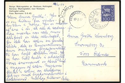 100 øre Helleristninger på brevkort annulleret med kronet posthornstempel MYKINGSTØLEN og sidestemplet Bergensbanen d. 17.3.1977 til Odense, Danmark.