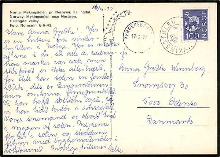 100 øre Helleristninger på brevkort annulleret med kronet posthornstempel MYKINGSTØLEN og sidestemplet Bergensbanen d. 17.3.1977 til Odense, Danmark.