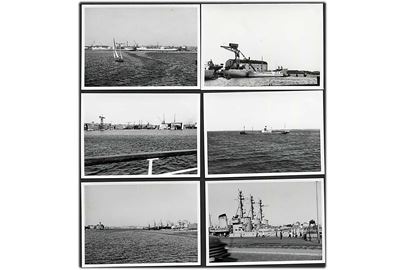 Indsejling til Kiel. 18 original fotos (6½x10 cm) fra 1950'erne. Bl.a. med orlogsfartøjer, slæbebåd, krigsskader osv.