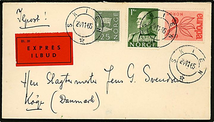 25 øre Helleristninger , 60 øre Europa udg. og 1 kr. Olav på ekspresbrev fra Skien d. 24.11.1965 til Køge, Danmark.