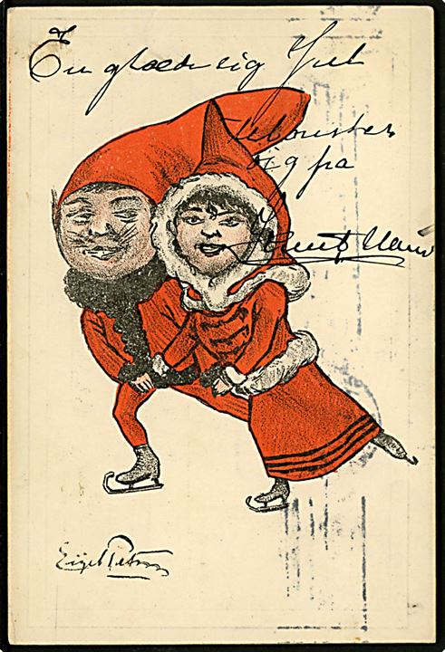 5 øre Fr. VIII og Julemærke 1908 på julekort (Eigil Petersen: Nissepar på skøjter) fra Kjøbenhavn d. 22.12.1908 til Sverige.