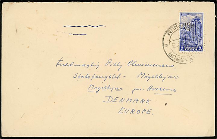 Indisk 4 as. på brev fra Narainpur Birbhum i West Bengal 1953 til fuldmægtig i Statsfængslet Møgelkjær pr. Horsens, Danmark.