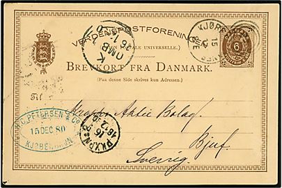 6 øre helsagsbrevkort annulleret med kombineret nr.stempel 34 / Kjøbenh: Baneg: d. 15.12.1880 til Bjuf, Sverige.