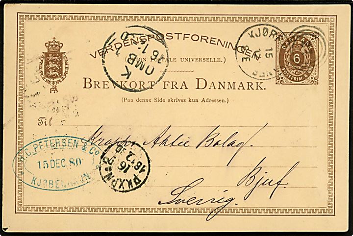 6 øre helsagsbrevkort annulleret med kombineret nr.stempel 34 / Kjøbenh: Baneg: d. 15.12.1880 til Bjuf, Sverige.