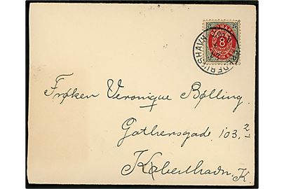 8 øre Tofarvet omv. rm. på brev annulleret med lapidar Frederikshavn d. 24.4.1900 til København.