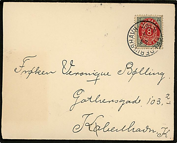 8 øre Tofarvet omv. rm. på brev annulleret med lapidar Frederikshavn d. 24.4.1900 til København.