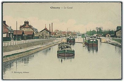 Chauny. Kanal med sluser til både. P. Montigny, éditeur. Anvendt som tysk feltpost under 1. verdenskrig.