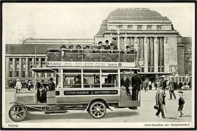 Tyskland, Leipzig, Hauptbahnhof med Leipziger Allgemeine Kraftomnibus fra banegård til udstilling. Hj.knæk.