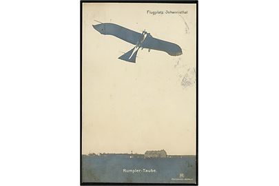 Rumpler Taube flyvemaskine over Flugplatz Johannisthal. Anvendt fra Berlin d. 4.1.1913. Hj.knæk.