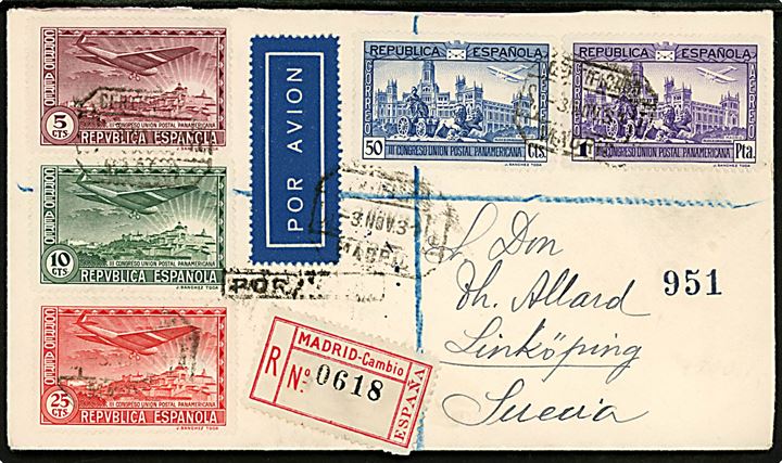 III. Pan-Amerikanske Postkongres luftpost udg. på anbefalet luftpostbrev fra Madrid d. 3.11.1931 via Paris og Malmö til Linköping, Sverige.