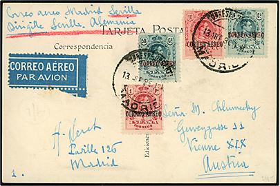 10 cts., 50 cts. (2) og 1 pta. Alfonso XIII Correo Aereo Provisorium på luftpost brevkort fra Madrid d. 13.4.1930 til Wien, Østrig.