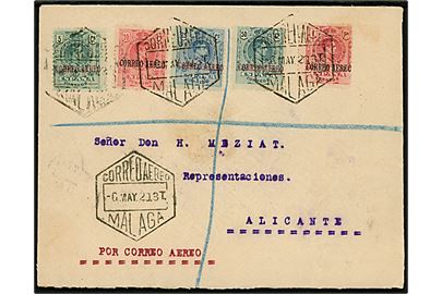 Komplet sæt Alfonso XIII Correo Aereo provisorium på anbefalet luftpostbrev fra Malaga d. 6.5.1920 til Alicante.