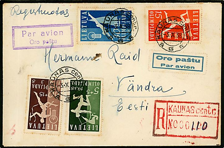 Komplet sæt National Olympiade udg. på anbefalet luftpostbrev fra Kaunas d. 3.10.1938 til Vändra, Estland. Høj mærkepris.