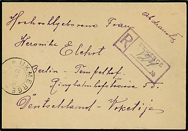 25 c. i parstykke på bagsiden af anbefalet brev fra Ukmergé d. 29.9.1925 til Berlin-Tempelhof, Tyskland.