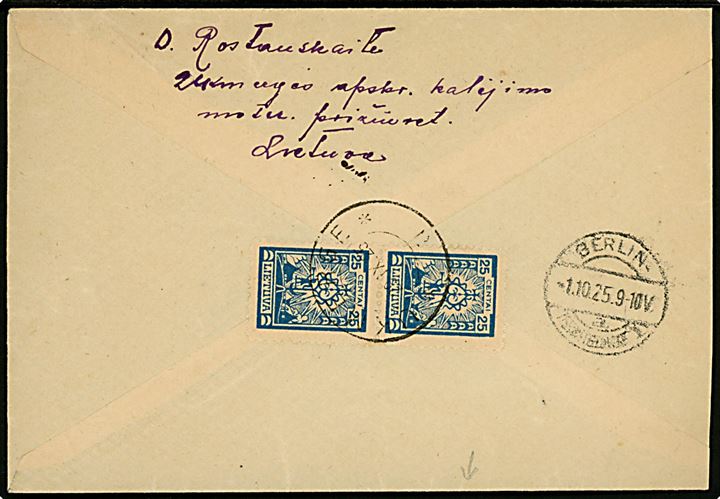 25 c. i parstykke på bagsiden af anbefalet brev fra Ukmergé d. 29.9.1925 til Berlin-Tempelhof, Tyskland.