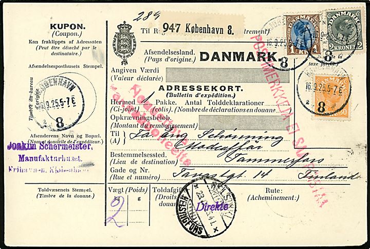 30 øre, 1 kr. og 2 kr. Chr. X på 330 øre frankeret internationalt adressekort for pakke fra Kjøbenhavn 8 (= Frihavnen) d. 16.9.1925 via Helsingfors til Tammerfors, Finland.