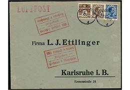 5 øre Bølgelinie, 20 øre og 40 øre Chr. X på luftpostbrev fra Kjøbenhavn d. 1.4.1925 til Karlsruhe, Tyskland. Rødt luftpost stempel: Mit Luftpost befördert Flugpostamt Postamt 2 Mannheim.
