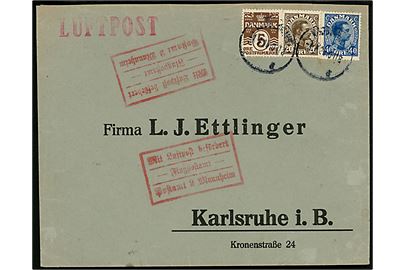 5 øre Bølgelinie, 20 øre og 40 øre Chr. X på luftpostbrev fra Kjøbenhavn d. 1.4.1925 til Karlsruhe, Tyskland. Rødt luftpost stempel: Mit Luftpost befördert Flugpostamt Postamt 2 Mannheim.