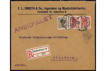 20 øre og 25 øre (par) Chr. X på anbefalet brev fra København B. d. 23.11.1925 til Göteborg, Sverige.