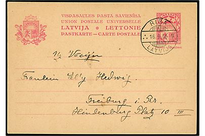 20 s. helsagsbrevkort fra Riga d. 16.9.1936 til Freiburg, Tyskland.