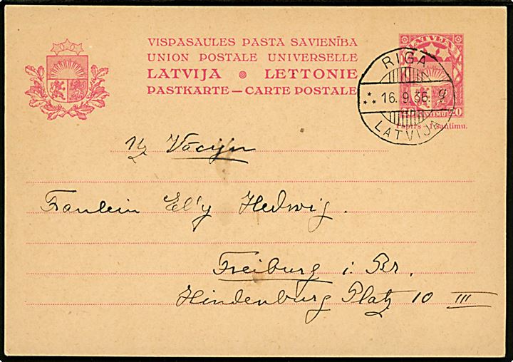 20 s. helsagsbrevkort fra Riga d. 16.9.1936 til Freiburg, Tyskland.