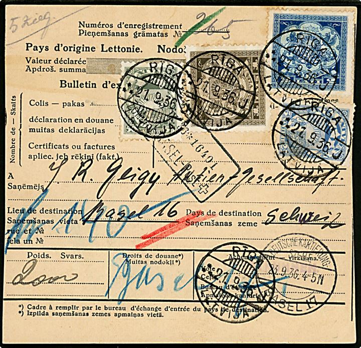 25 s., 50 s., 1 l. og 2. l. Våben på internationalt adressekort for pakke fra Riga d. 21.9.1936 til Basel, Schweiz.