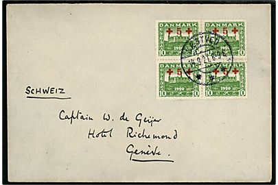 5+10 øre Røde Kors Provisorium i fireblok på brev fra Næstved d. 14.9.1921 til Geneve, Schweiz.