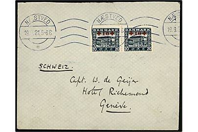 20+5 øre Røde Kors Provisorium i parstykke på brev fra Næstved d. 29.9.1921 til Geneve, Schweiz.