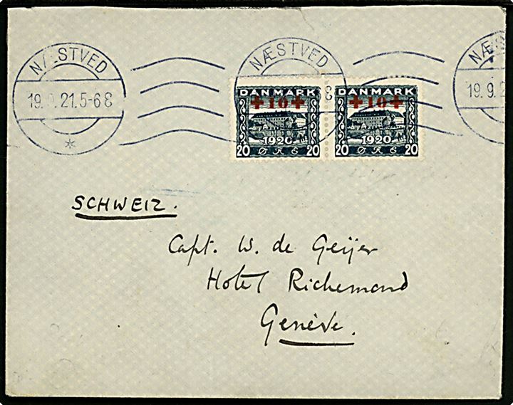 20+5 øre Røde Kors Provisorium i parstykke på brev fra Næstved d. 29.9.1921 til Geneve, Schweiz.