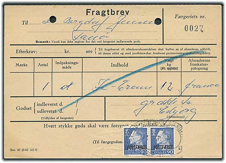 90 øre Fr. IX Postfærge mærker i parstykke på fragtbrev fra Esbjerg d. 1.9.197x til Nordby, Fanø. Arkivhuller.