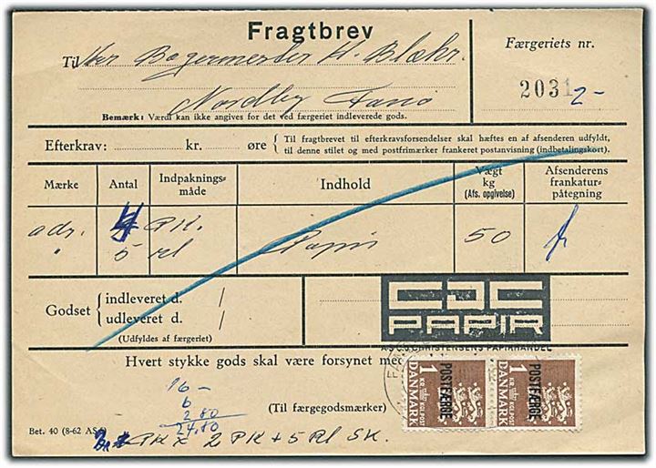 1 kr. Rigsvåben Postfærgemærke i parstykke på fragtbrev fra Esbjerg til Nordby, Fanø. Utydelig dato.