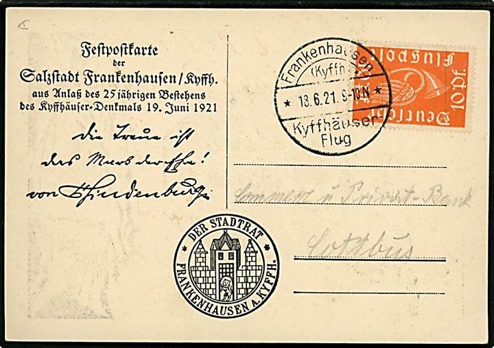 Engel. Tegnet kort af Kyffhäuser Monumentet. Med 10 pf Luftpost mærke, annulleret Frankenhausen - Kyffhäuser Flug d. 18.06.1921 til Cottbus.