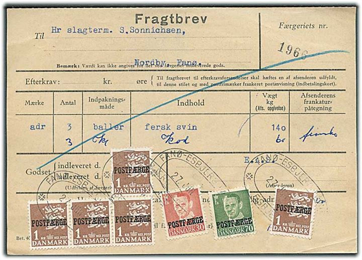 30 øre, 70 øre Fr. IX og 1 kr. Rigsvåben (5) Postfærgemærker på fragtbrev fra Esbjerg d. 27.6.19xx til Nordby, Fanø.