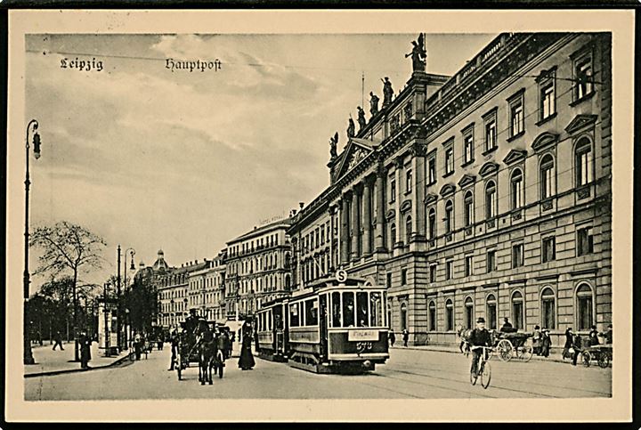 Leipzig. Hoved postkontoret med sporvogn. 
