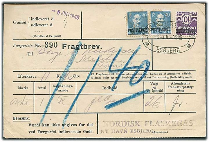10 øre Bølgelinie og 40 øre Chr. X (2) Postfærgemærker på fragtbrev med efterkrav fra Esbjerg d. 6.7.1948 til Fanø Bad, Fanø. Skjolder.
