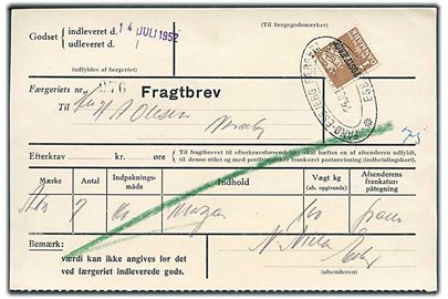 1 kr. Rigsvåben Postfærgemærke single på fragtbrev fra Esbjerg d. 14.7.1952 til Nordby, Fanø.