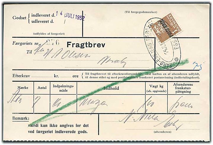 1 kr. Rigsvåben Postfærgemærke single på fragtbrev fra Esbjerg d. 14.7.1952 til Nordby, Fanø.