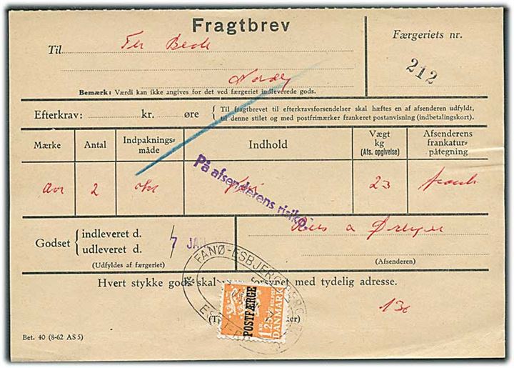 1,25 kr. Rigsvåben Postfærgemærke på fragtbrev fra Esbjerg d. 7.1.1967 til Nordby. Liniestempel: På afsenderens risiko.