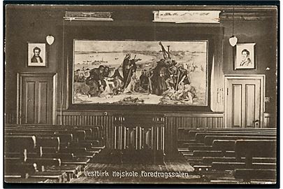 Vestbirk, Højskole, Foredragssalen med Troels Triers maleri Thyra Danebod anlægger Dannevirke. Stenders no. 61249.
