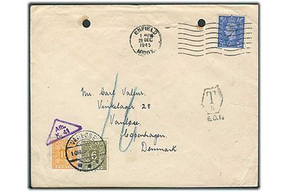 Engelsk 2½d George VI på underfrankeret brev fra Enfield d. 28.12.1945 til København, Danmark. Udtakseret i 16 øre porto med 6 øre og 10 øre Portomærke stemplet Vanløse d. 9.1.1946. Anmeldt til afhentning. Arkivhuller.