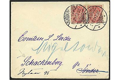 10 øre rød våbentype på brev fra København d. 29.12.1894 til Schackenborg, pr. Tønder. Omadresseret til Møgeltønder.