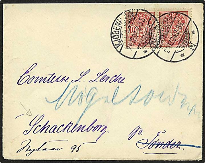 10 øre rød våbentype på brev fra København d. 29.12.1894 til Schackenborg, pr. Tønder. Omadresseret til Møgeltønder.