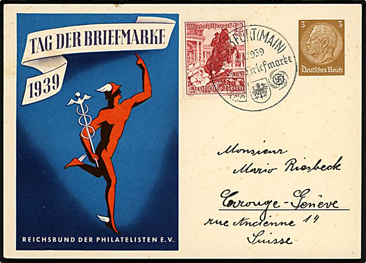 Tag der Briefmarke 1939 3 pfg. Hindenburg illustreret helsagsbrevkort opfrankeret med 12+6 pfg. Winterhilfswerk.