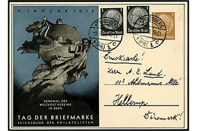Tag der Briefmarke 1938 3 pfg. Hindenburg illustreret helsagsbrevkort opfrankeret med 1 pfg. Hindenburg (2) fra Königsberg 1938 til Hellerup, Danmark.