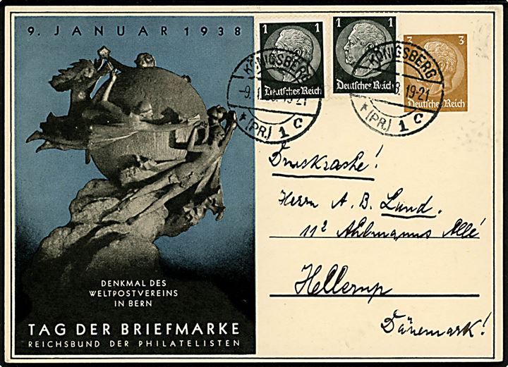 Tag der Briefmarke 1938 3 pfg. Hindenburg illustreret helsagsbrevkort opfrankeret med 1 pfg. Hindenburg (2) fra Königsberg 1938 til Hellerup, Danmark.